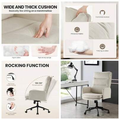 Home Office Chair, High - Back Desk Chair, Upholstered Office Chair With Wheels And Armrests, Adjustable Height Armchair, Swivel Desk Chair, Cashmere