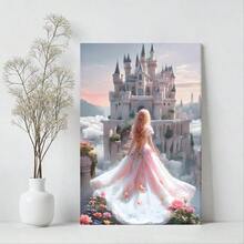 1pc Solid Wood Frame Fairy Princess Castle Art, Light Pink GothicTheme Canvas Posters & Prints, Large Canvas Wall Art, 2D Flat, Easy Hang Tabletop Or Wall Display, For Halloween, ChristmasGifts, Bedroom, Living Room, Decoration Ready To Hang - 彩色 - 查看 1