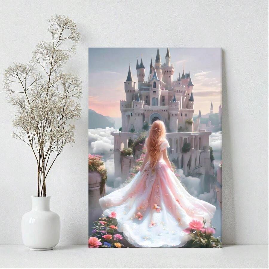 1pc Solid Wood Frame Fairy Princess Castle Art, Light Pink GothicTheme Canvas Posters & Prints, Large Canvas Wall Art, 2D Flat, Easy Hang Tabletop Or Wall Display, For Halloween, ChristmasGifts, Bedroom, Living Room, Decoration Ready To Hang - 彩色 - 查看 1