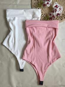 Kit Two (2) Women's Strapless Bodysuits Versatile Elegant Comfortable Spring Summer - White and Baby Pink - View 2