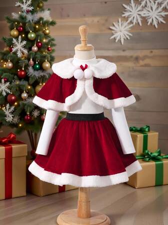 Set da 3 pezzi per bambine: maglietta a collo alto a maniche lunghe in tinta unita, mantella reversibile in pile, gonna in peluche per outfit natalizio