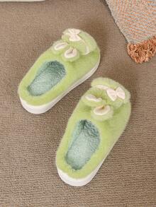Comfortable Thermal Slippers With Soft Faux Fur, Bow Decor, Thick Sole, Non-Slip, Warm For Home Use In Autumn/Winter