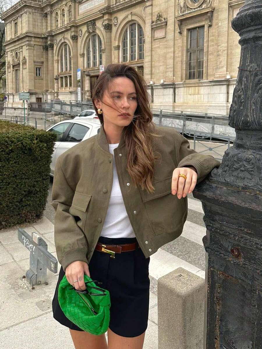 Women's Casual Solid Color Pocket Open Front Short Jacket, Autumn/Winter - Army Green - View 1