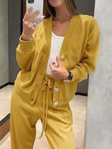 YI XUAN 2pcs Women Casual Knit Cardigan Jacket And Drawstring Pants Set - Yellow - View 5