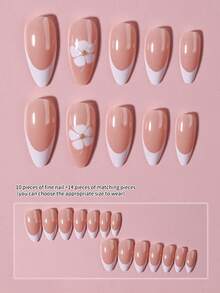 24pcs Almond-Shaped French Manicure Nail Stickers, Floral & Golden Pearl Design, Suitable For Spring/Summer Nails, Easy-To-Wear Acrylic Fake Nails Set Includes 1pc Jelly Gel And 1pc Nail File, Suitable For Women And Girls For Daily Life And Various Parties