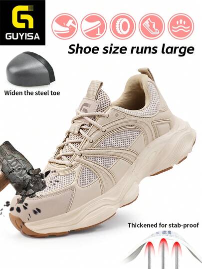 GUYISA Women's Shoes, Fashion Anti-Smash Anti-Puncture Lightweight Soft Breathable Beige Work Functional Casual Series Protective Shoes, Gentle & Stylish, Suitable For All Seasons