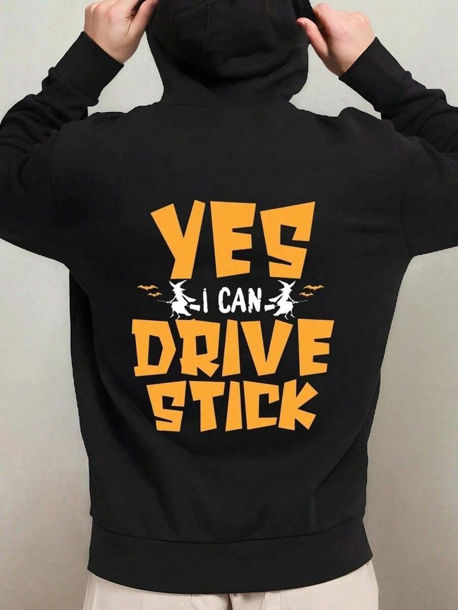 1 Pack Men'S Funny Yes I Can Drive Stick Graphic Hoodie - Oversized Black Humorous Streetwear Sweatshirt With White & Yellow Lettering, Durable Polyester All-Season Casual Pullover For Daily Wear,,Fall Hoodies,Men's Fall Clothes,Street Wear,Halloween,Mens Hoodies,Y2k Clothes,Jesus Hoodie,Thanksgiving Day,Nightmare Before Christmas,Christmas - Black - View 1