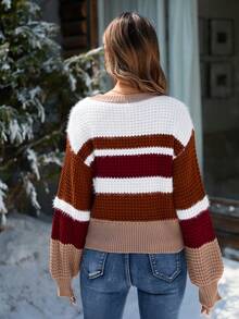 Women's Fashion Colorblock Striped Knit Ribbed Trim Sweater, Suitable For Holiday, Office, And Everyday Wear