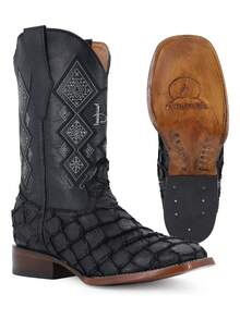 Bota Vaquera Hombre Piel De Pescado Natural Alta Calidad Cuero Auténtico Ajuste Perfecto Comodidad Superior Montura Equitación Invierno Estilo Urbano - Negro - Ver 2