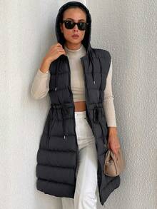 Women's Hooded Puffer Vest - Black - View 1