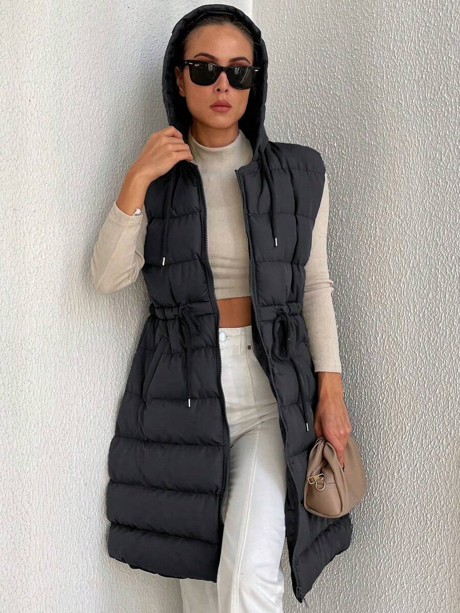Women's Hooded Puffer Vest - Black - View 1