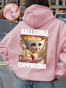 Tween Girl Hooded Fleece Sweatshirt, "Cappuccino Ballerina" Graphic Print Hoodie, Warm & Comfortable Fleece Top For Autumn/Winter