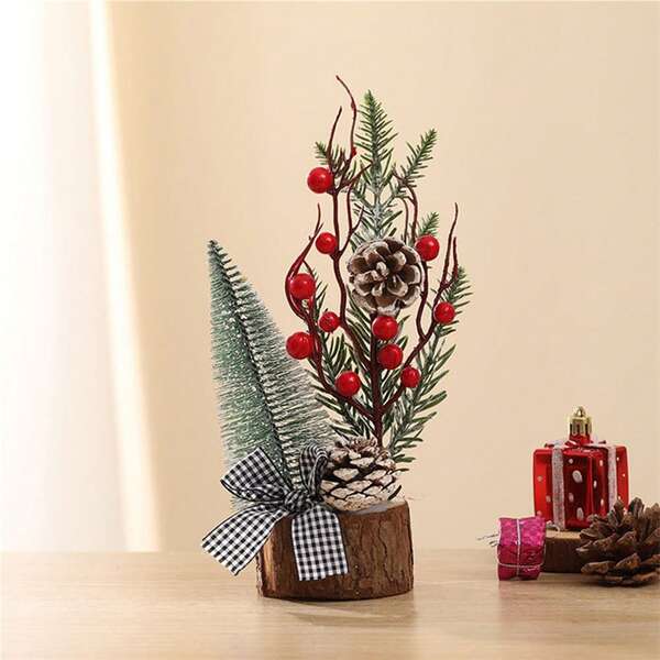 Árbol de Navidad pequeño, árbol de Navidad artificial con adornos navideños, piñas y bayas, árbol de Navidad de sobremesa para decoraciones navideñas en el hogar, habitación, fiesta, interior y exterior (Rojo-Redondo)