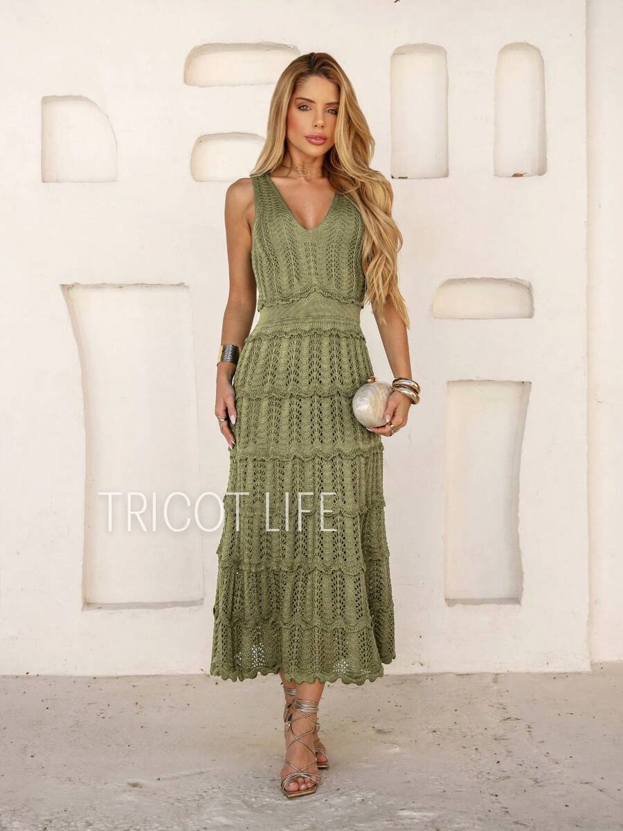 Women's Midi Dress Knit Summer Crochet Ruffles Party Beach Elegant - 橄欖綠 - 查看 1