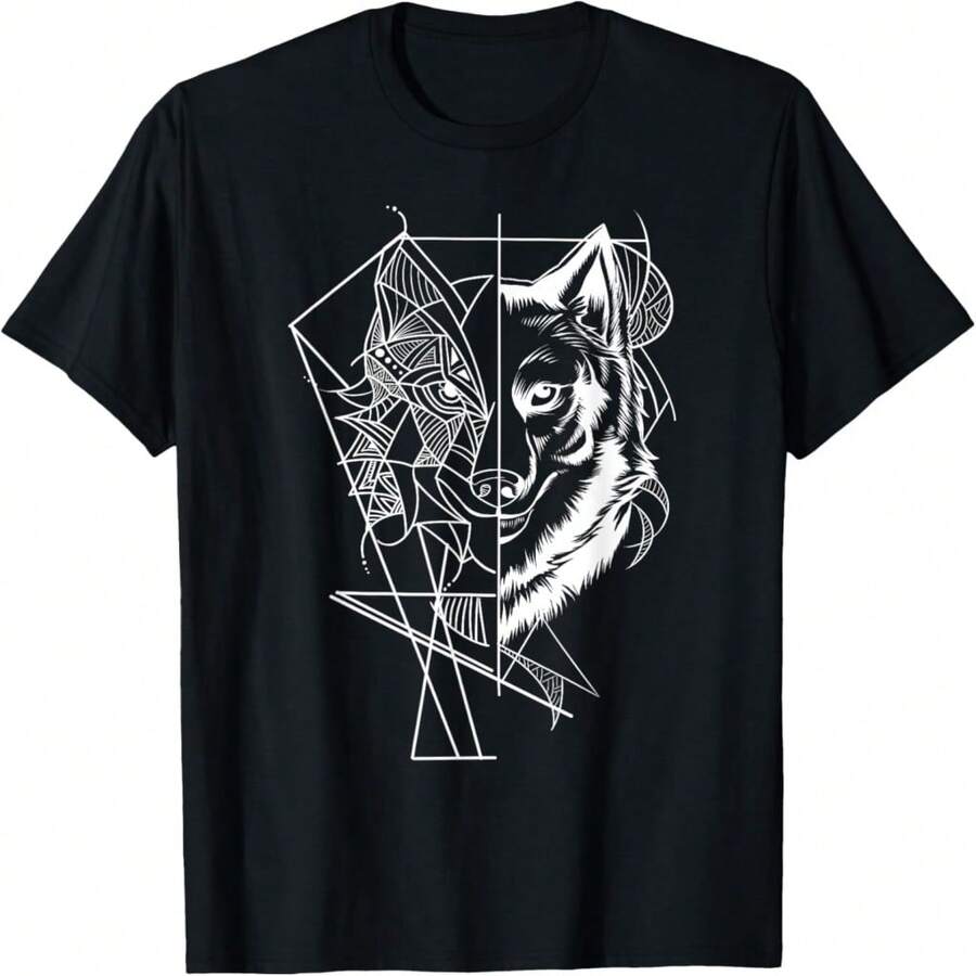 Wolf Gift Product Awesome Geometric Wolf T-Shirt - 黑色 1 - 查看 1