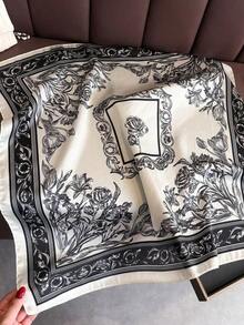 1pc Women's Luxury Floral Print Silk Satin Square Scarf, Fashion Versatile Headband And Bandana, Elegant Hair Scarf Or Shawl Wrap, Lightweight Neck Scarf For Tourism, Vacation, Daily Commuting, Leisure Outfits, And Chic Gift Accessories - 白邊 - 查看 2