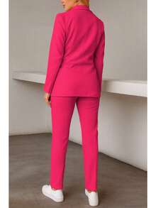 Conjunto elegante de blazer y pantalón de manga larga con cuello chal y doble botonadura para mujer, tejido elástico medio. - Rosa Fucsia - Ver 4