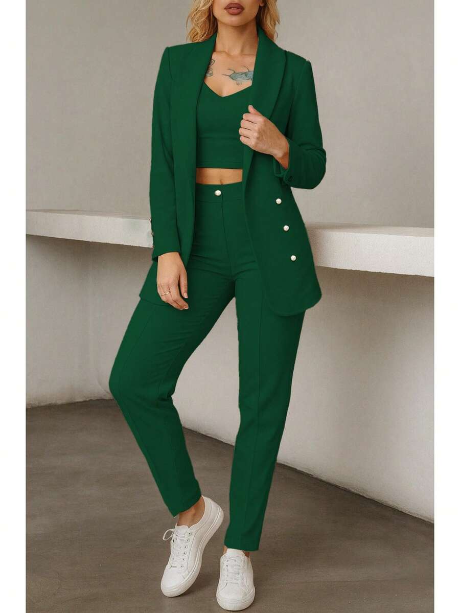 Conjunto elegante de blazer y pantalón de manga larga con cuello chal y doble botonadura para mujer, tejido elástico medio.