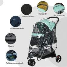 Pet Buggy, Foldable Dog Buggy With Rain Cover And 2 Cup Holders, Blue And Green - Black - View 7