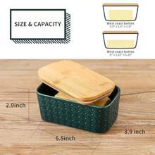 Tikooere Mantequilla de cerámica con tapa recipiente grande de mantequilla con cubierta hermética para encimera o refrigerador soporte de mantequilla de cocina de granja para regalo de Año Nuevo - Verde - Ver 2