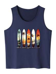GRDR Men's Vacation Casual Narrow Shoulder Coconut Tree Print Tank Top - Navy Blue - View 3