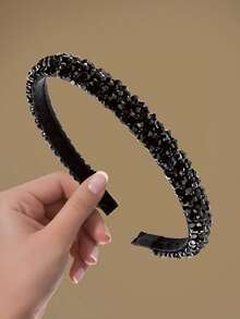 1件女士黑色手工四排水晶串珠发箍，饰以全水晶发带，适合日常佩戴，优雅头饰，发箍，发圈，发饰，头饰