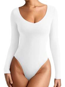 V Neck Long Sleeve Bodysuit - Comfy Double Lined Basic Top - White - View 1