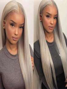 灰金色合成蕾丝前假发，长直灰色蕾丝前假发，预拔自然发际线，无胶耐热纤维假发，适合时尚女性（灰金色） - 淺灰色 - 查看 6