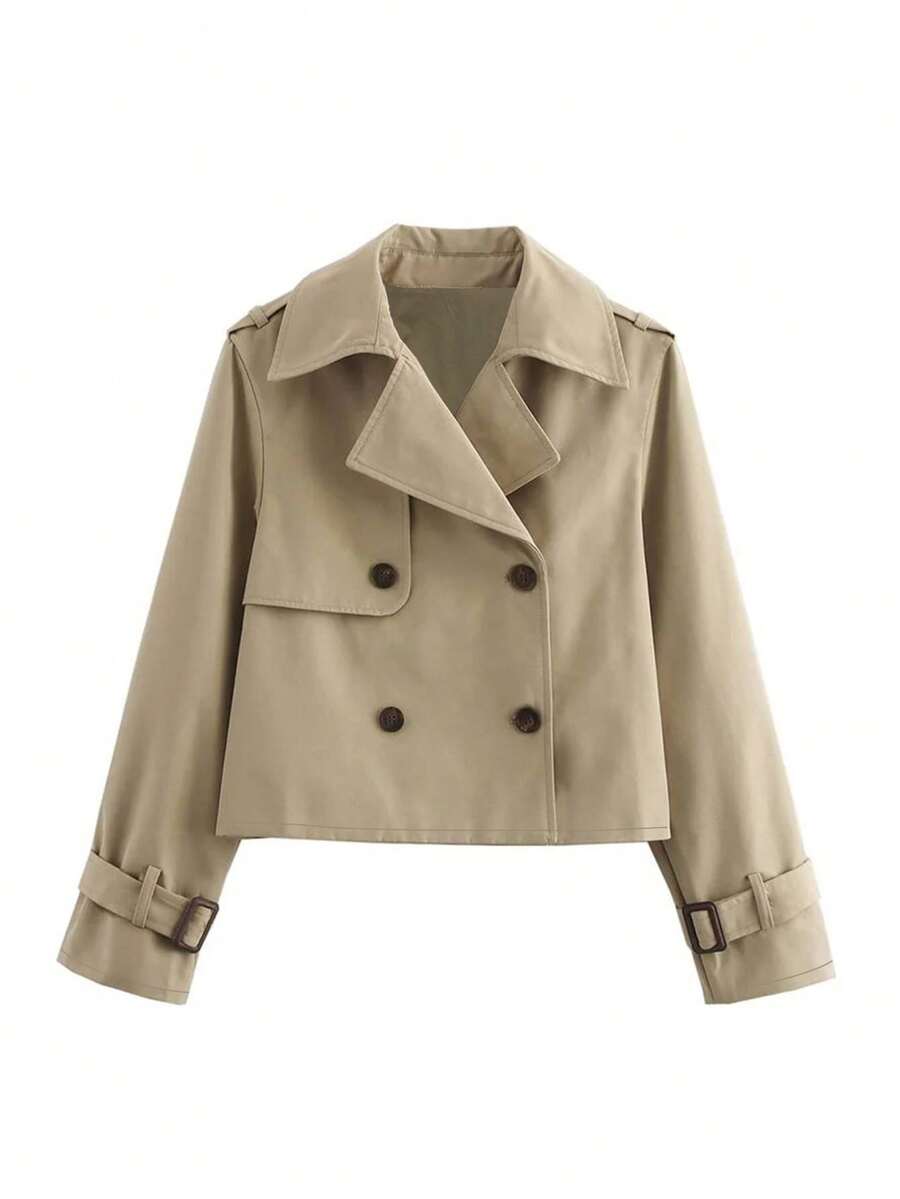 1 件纯色编织面料口袋纽扣拉链女式风衣，适合春秋季办公室穿着 - 卡其色 - 查看 1