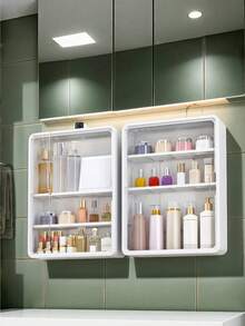 1pc Wall Mount Makeup Organizer, No Drill Adhesive Clear Cosmetic Display Case With Adjustable Shelves, Multi-Functional Bathroom Storage Box For Countertop, Space Saving Vanity Organizer For Home Office - 白色 - 查看 7