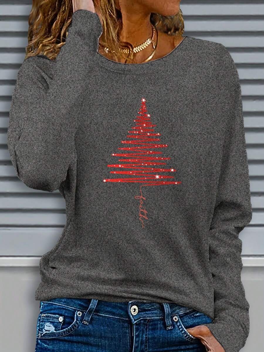 Women's Casual Long Sleeve Round Neck Pattern Printed T-Shirt - Red Christmas Tree Design, Comfortable Fabric, Machine Washable, Suitable For Autumn And Winter Festive Seasons, Family Christmas Shirt 2025 - 黑灰色 - 查看 1