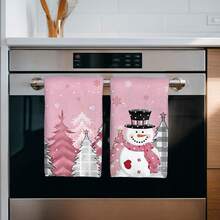 MEMNUN 2pcs Christmas Pink Plaid Forest Christmas Tree & Snowman Printed Kitchen Towels, 15.75*23.62in (40*60cm) Super Soft Absorbent Microfiber Dish Towels, Hand Towels, Dish Cloths, Christmas Decor, Home Decor, Kitchen Decor, Cooking Baking Tea Towels, Cleaning Supplies, Suitable For Restaurant Kitchen, Christmas Holiday Decoration And Gifts, All Season