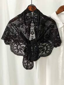 1件刺绣三角头巾，新娘面纱，天主教教堂面纱，蕾丝花卉头巾，圣餐教堂面纱，冬季发带，时尚头巾，女士保暖发带，女士发饰，优雅发带，沙滩配饰，女士头巾，夏季服装 - 黑色 - 查看 2