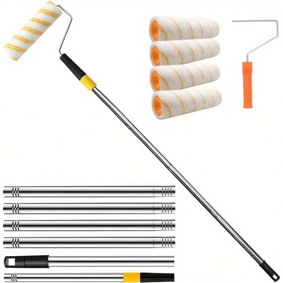 1 Set Paint Roller Extension Pole - Paint Roller Kit - Painting Extension Pole, 9 Inch Paint Roller Frame With Microfiber Roller Cover, Includes 1.2/1.8M Stainless Steel Extension Pole, For Wall And Ceiling Painting