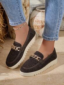 Women's Soft Sole Comfortable Chain Decor Casual Sneakers, Fashion Slip-On Loafers For Autumn
