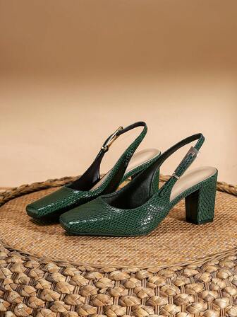 1 Pair Women's Snake Print Dark Green Buckle Strap Chunky Heel Square Toe Pumps, Multi-Color Options, Fashionable Casual And Formal Daily Wear Shoes, Suitable For Parties, Shopping, Spring, Summer And Autumn