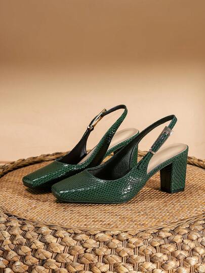 1 Pair Women's Snake Print Dark Green Buckle Strap Chunky Heel Square Toe Pumps, Multi-Color Options, Fashionable Casual And Formal Daily Wear Shoes, Suitable For Parties, Shopping, Spring, Summer And Autumn