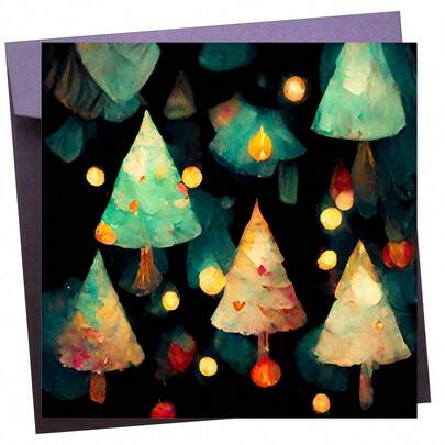1pc Christmas Card With Trees And Fairy Lights Magical Pattern Pretty Unique Whimsical Dark Green Greetings Family Friends Xmas 2025