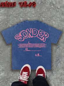 Unique Tailor - (230g Pure Cotton) Men's Retro Pink Text "SONDER" Figure Thinking Pattern Printed T-Shirt, Soft Washed Cotton Round Neck Top, Suitable For Casual - Machine Washed Daily Summer Essentials, Outdoor Clothing, Retro Style, Breathable Fabric, Short Sleeved T-Shirt, Y2K Style - Xanh đậm - Xem 3