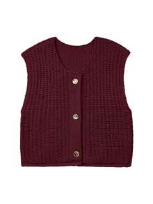 Áo vest len nữ dáng rộng, cài một hàng khuy, thích hợp cho mùa Thu/Đông. - Màu Đỏ Sâu - Xem 6