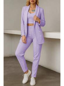 Conjunto elegante de blazer y pantalón de manga larga con cuello chal y doble botonadura para mujer, tejido elástico medio. - Púrpura malva - Ver 2