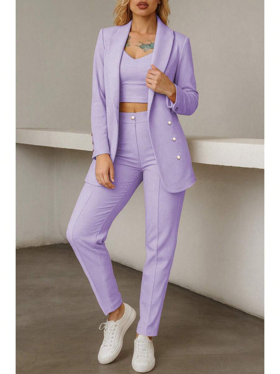 Conjunto elegante de blazer y pantalón de manga larga con cuello chal y doble botonadura para mujer, tejido elástico medio.