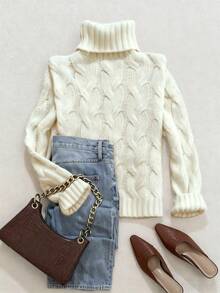 Áo len dệt kim tay dài cổ cao họa tiết dây thừng xoắn màu nâu thanh lịch thời trang thu đông thoải mái, dễ chịu, trang phục mùa thu cho nữ, trang phục mùa đông cho nữ, áo thu, trang phục công sở, trang phục thường ngày cho nữ - Màu be - Xem 4