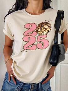 Camisetas De Mujer Casual Manga  con estampado de  Números y patrones planetarios - Albaricoque - Ver 2