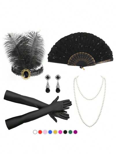 D EXCEED 5 Stücke Damen 1920er Jahre Flapper Set mit Stirnband, Perlenkette, Ohrringe, Handschuhe und Faltfächer für Vintage Hochzeitskostüm Accessoires, Valentinstag Kostüm