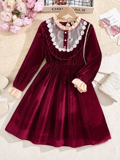 Tween Girl Lace Trim Peter Pan Collar Princess Dress, Autumn/Winter