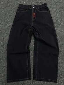Men's Casual And Fashionable Embroidered Jeans, A Must-Have For Halloween Enthusiasts, A Top Choice For Halloween Outfits - 黑紅 - 查看 4