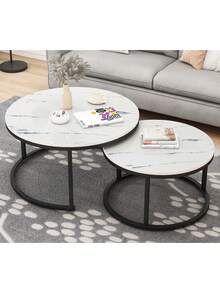 Juego De 2 De Mesa De Centro De Marmol Para Sala Muebles - Blanco - Ver 2