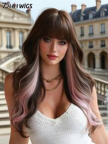7JHH WIGS Long Wave Brown & Pink Highlight Wigs For Women - Loose Fluffy Wavy Curly Wig With Bangs, Full Machine High Density Synthetic Heat Resistant Fiber Hair Purple Red Wigs For Daily Wear,Halloween Cosplay & Music Festival Party Use 26 Inch - 挑染粉色 - 查看 1