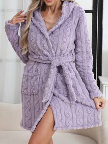 1 件女士纯色罗纹和服长袍，简约系带睡衣浴袍，春/秋/冬 - 紫色 - 查看 1